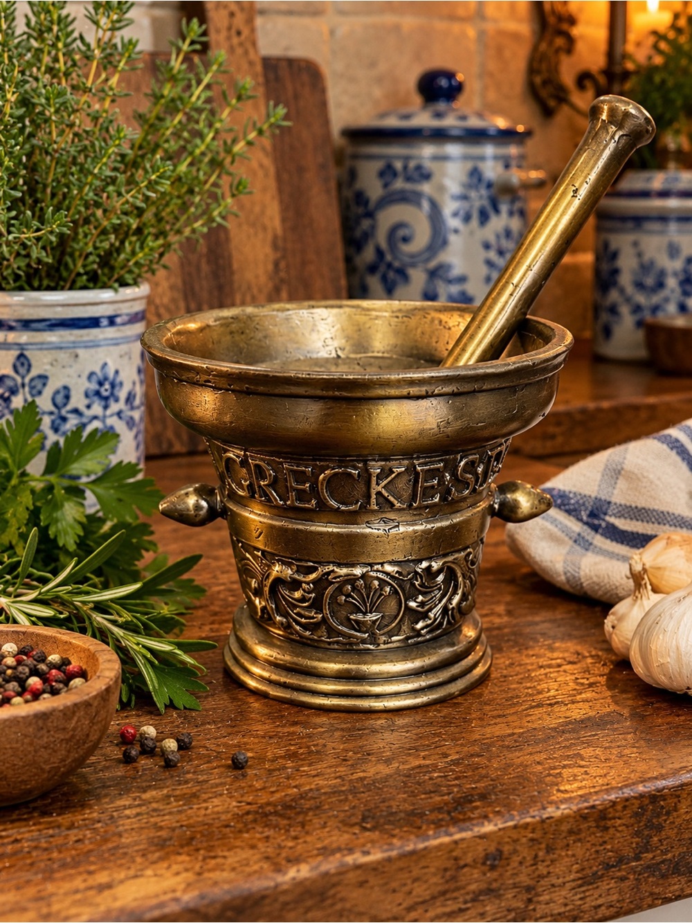 Vintage Bronze Richard Klein Apothecary Mortar & Pestle – Ornate German Style
